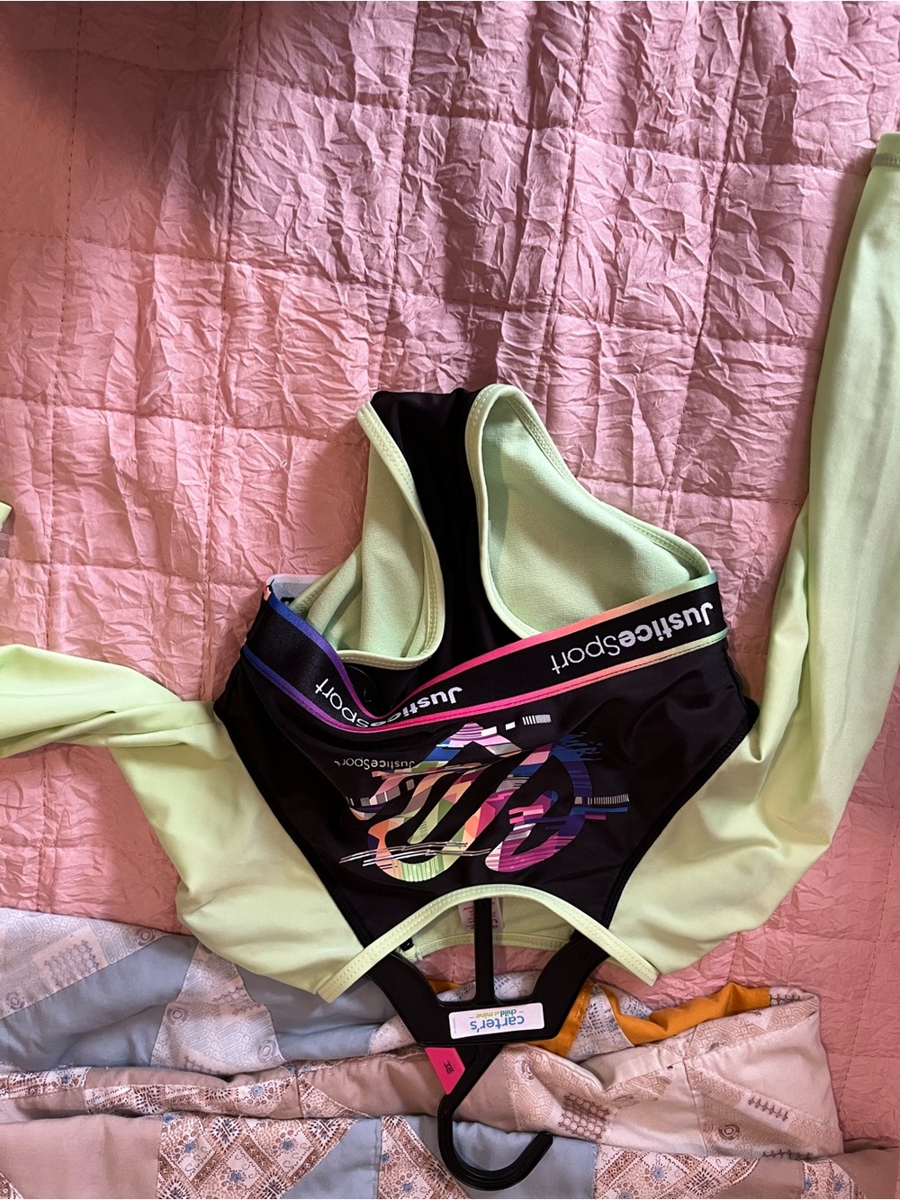 Justice Kids Swim Rashguard - Black with Light Green Sleeves and Multicolor Logo